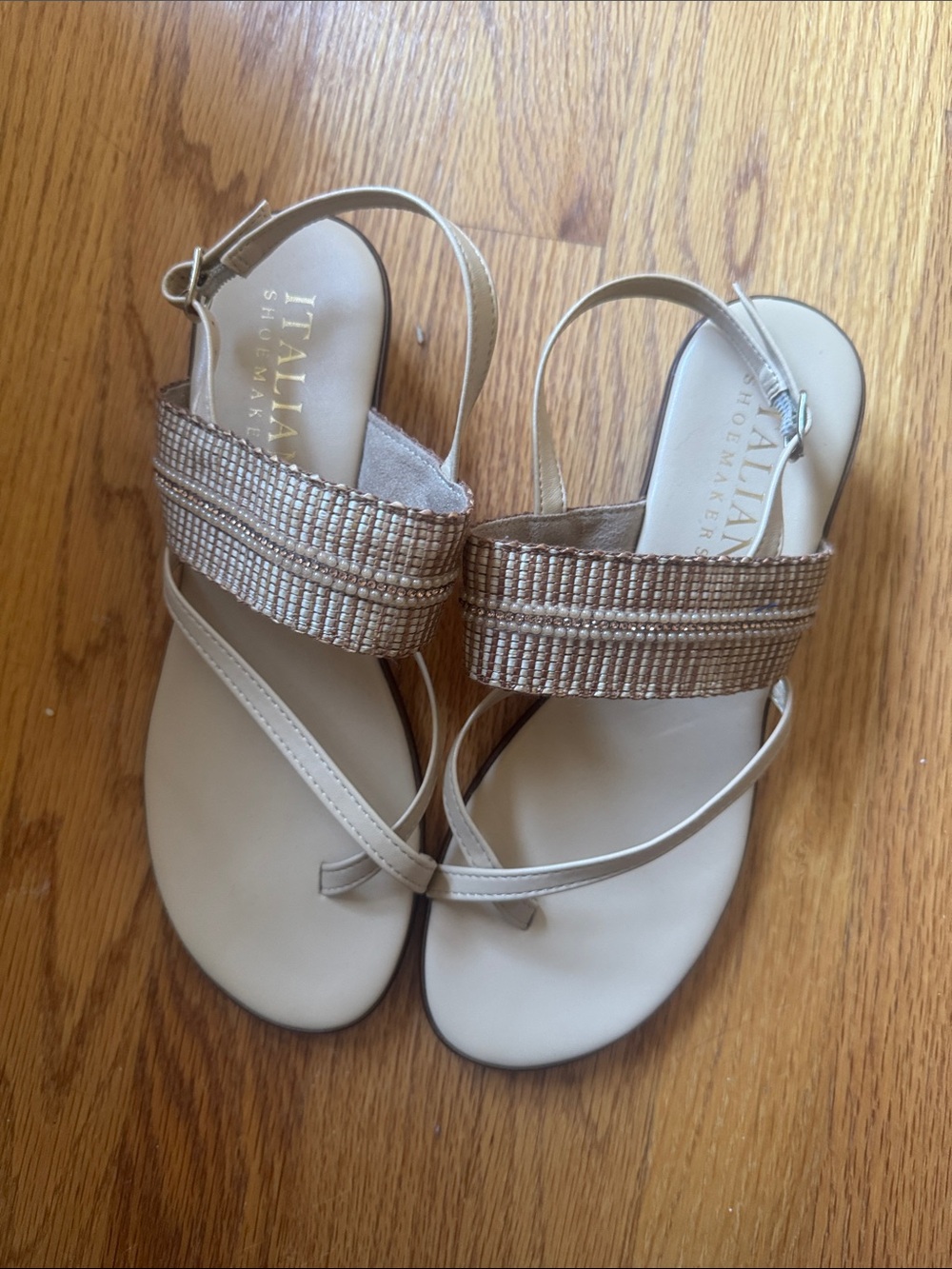 Italian Shoemakers Beige and Gold Beaded Slingback Sandals